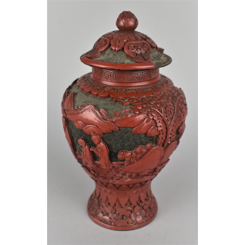 262 - A 19th Century Chinese Cinnabar Vase and Cover Decorated with Figures in Garden Setting, Condition I... 