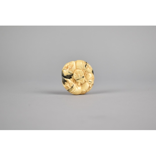 265 - A Reproduction Bone Netsuke in the form of Faces in a Round, Signed, 4cm diameter