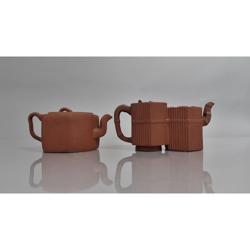 285 - Two Chinese Yixing Teapots, Double Hexagonal Example with Ribbed Sides and One Top Suitcase decorate... 