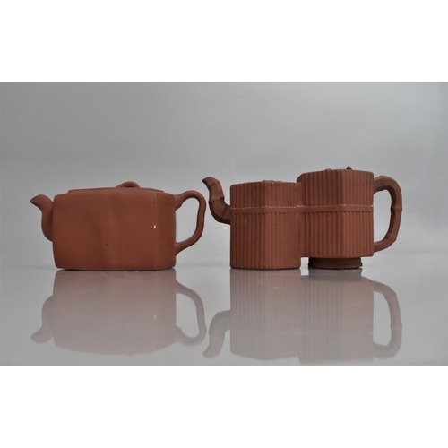 285 - Two Chinese Yixing Teapots, Double Hexagonal Example with Ribbed Sides and One Top Suitcase decorate... 