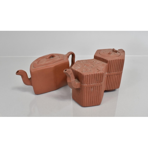 285 - Two Chinese Yixing Teapots, Double Hexagonal Example with Ribbed Sides and One Top Suitcase decorate... 