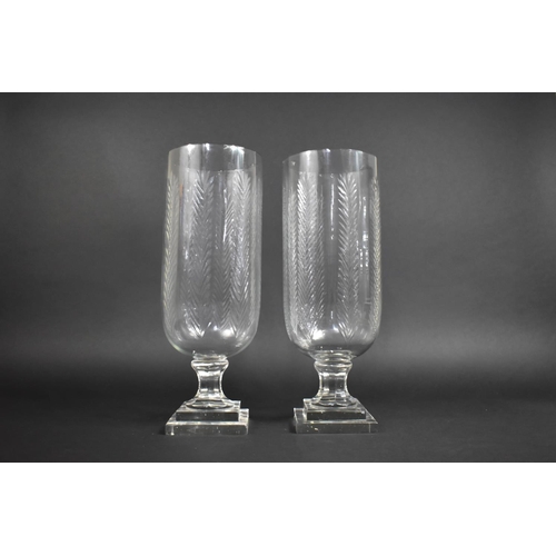 361 - A Pair of Modern Star Cut Hurricane Lamps on Square Plinth Feet, 40cms High