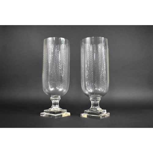 361 - A Pair of Modern Star Cut Hurricane Lamps on Square Plinth Feet, 40cms High