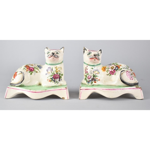 363 - A Pair of 19th Century Stafford Pottery Studies of Recumbent Cats with Later Printed Floral Decorati... 