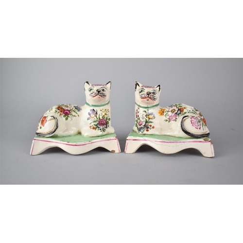 363 - A Pair of 19th Century Stafford Pottery Studies of Recumbent Cats with Later Printed Floral Decorati... 