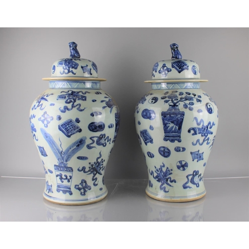 364 - A Pair of Large Reproduction Chinese Blue and White Baluster Vase and Covers Having Temple Lion Fini... 