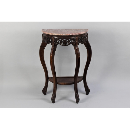 37 - A Reproduction Marble Topped Demi-lune Console Table with Carved and Pierced Border and Extended Cab... 