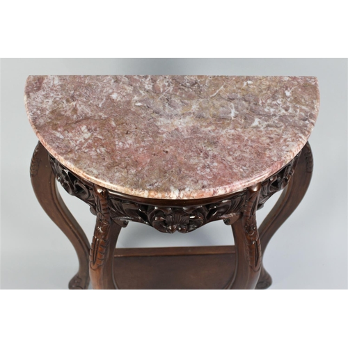 37 - A Reproduction Marble Topped Demi-lune Console Table with Carved and Pierced Border and Extended Cab... 