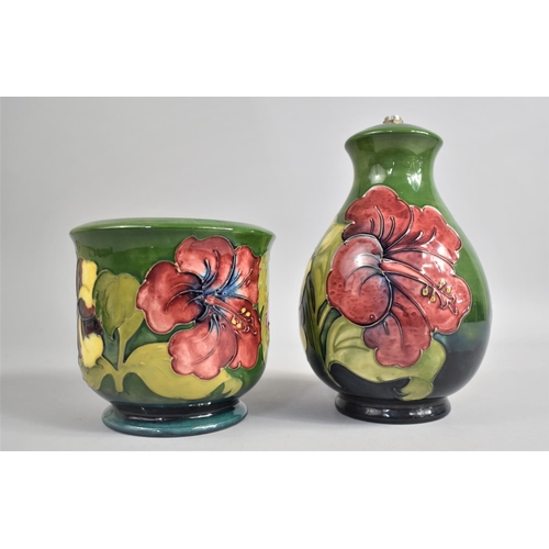 372 - Two Pieces of Moorcroft, Footed Pot and a Lamp Base (AF), Hibiscus Pattern on Green Ground