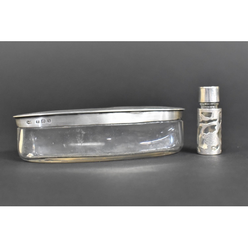 384 - A Glass and Silver Top Dressing Table Pot of Oval Form with Engine Turned Decoration by D&F (Deakin ... 