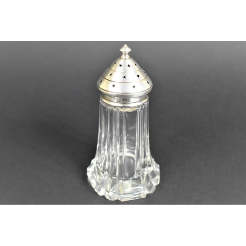 386 - A Glass and Silver Topped Sugar/Spice Shaker, Hallmark for London 1908, 14.5cm High