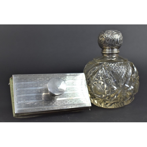 393 - A Silver Mounted Blotter Together with a Cut Glass and Silver Topped Glass Dressing Table Scent Bott... 