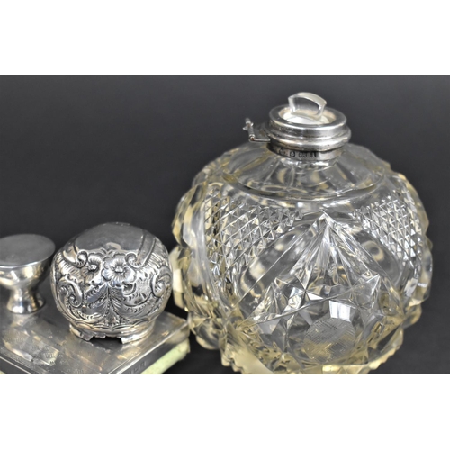 393 - A Silver Mounted Blotter Together with a Cut Glass and Silver Topped Glass Dressing Table Scent Bott... 