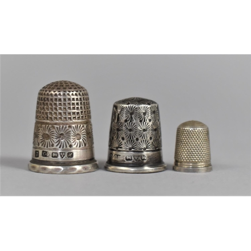 398 - Two Silver Thimbles by Charles Horner no. 7 & 8 Along with a Miniature Silver Example By J.F.