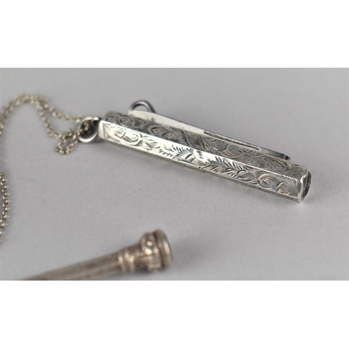 408 - A Sterling Silver Cased Multitool on Chain Together with a Silver Propelling Tool