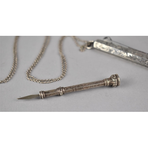 408 - A Sterling Silver Cased Multitool on Chain Together with a Silver Propelling Tool