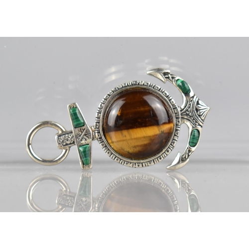 432 - A Silver Tigers Eye and Malachite Mounted Brooch Anchor Brooch, Stamped 925