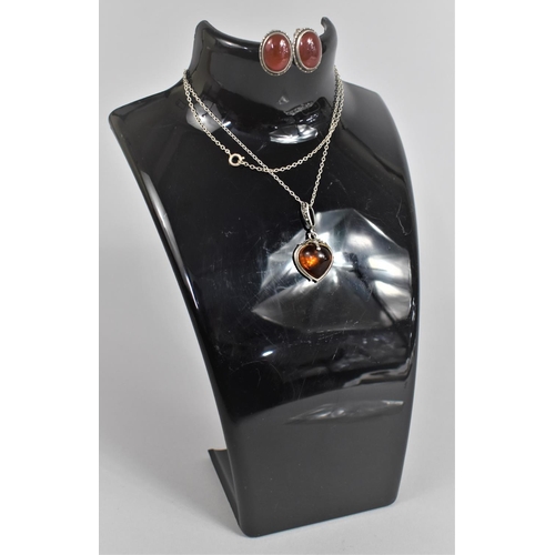 436 - A Pair of Silver and Amber Clip on Earrings with Silver Chain (46cm Long) with Silver and Amber Pend... 