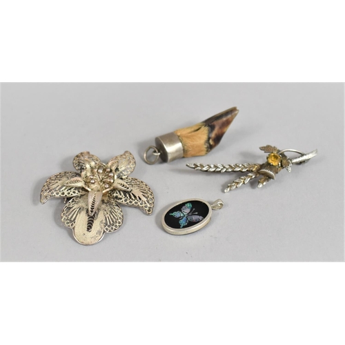 437 - A Sterling Silver Brooch by WS Scotland, Silver Orchid (925), a Silver Mounted Muntjac Foot and a Si... 