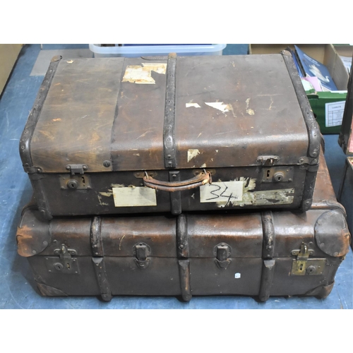 451 - Two Vintage Wooden Banded Travelling Trunks, Largest 85cms Wide, Condition Issues