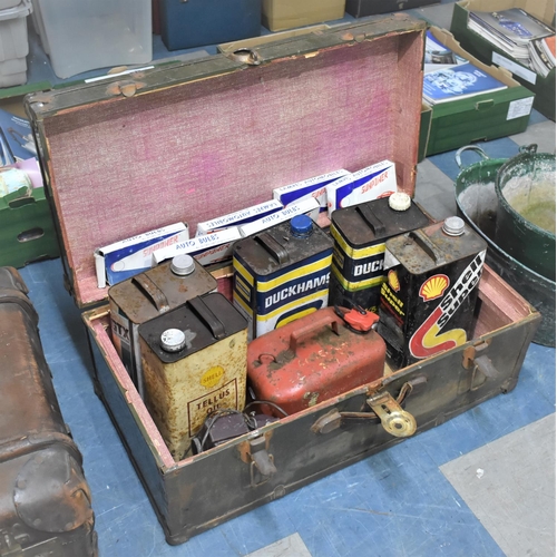 453 - A Vintage Metal Mounted Travelling Trunk Containing Oil Cans to include Shell, Duckhams Etc Together... 