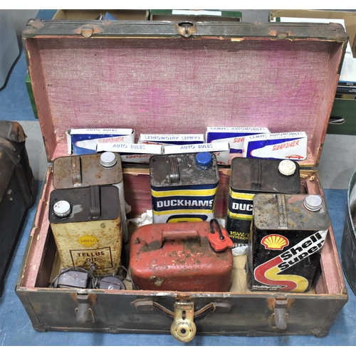 453 - A Vintage Metal Mounted Travelling Trunk Containing Oil Cans to include Shell, Duckhams Etc Together... 