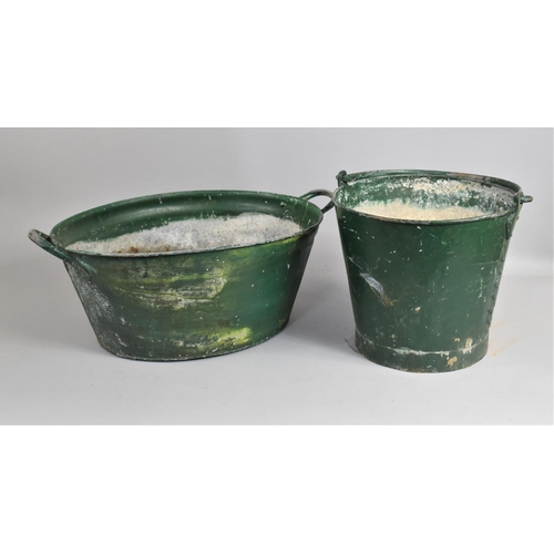 454 - A Vintage Green Painting Galvanised Oval Twin Handled Bath together with a Bucket