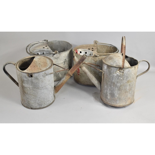 456 - Two Vintage Galvanised Iron Mop Buckets together with Two Watering Cans