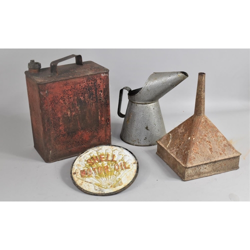 457 - A Collection of Vintage Motoring Items to include Oil Cans, Funnel, Shell Motor Oil Plaque Etc