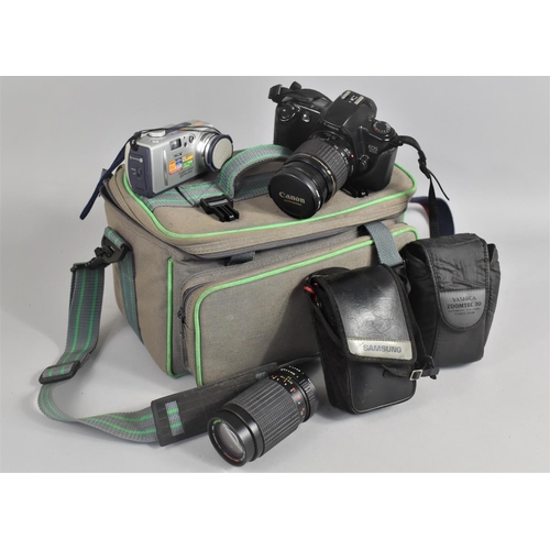 477 - A Canvas Camera Bag Containing Canon EOS 500 Camera, Ultra Compact Sunagor MC Auto Zoom AT2-200mm Le... 