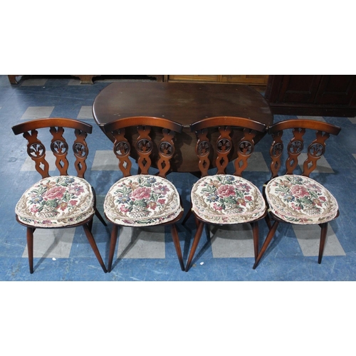 491 - A Set of Four Ercol Mid 20th Century Fleur-De-Lys Backed Dining Chairs Together with Drop Leaf Table