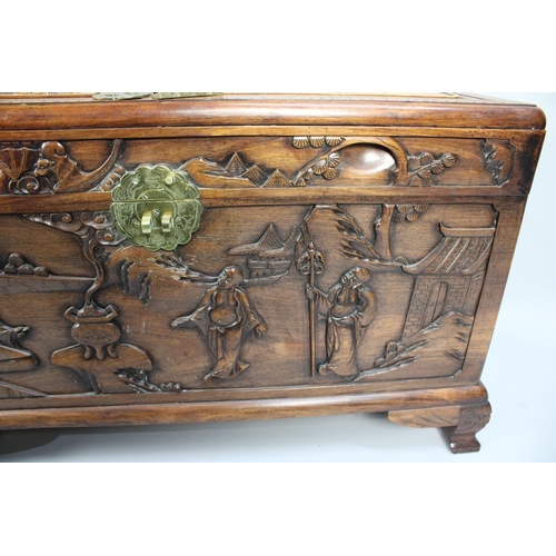 504 - A Nicely Carved Camphor Wood Chest Decorated with Chinese Gods and Dragons in Exterior Setting, 89x4... 