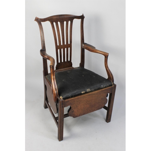 509 - A 19th Century Oak Commode Armchair with Serpentine Top Rail Surmounting Pierced Vase Splat, Deep ap... 