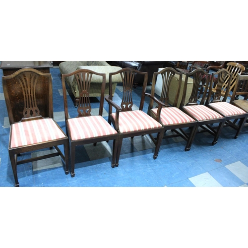 518 - A Set of Six Reproduction Mahogany Framed Dining Chairs with Regency Stripe Pad Seats