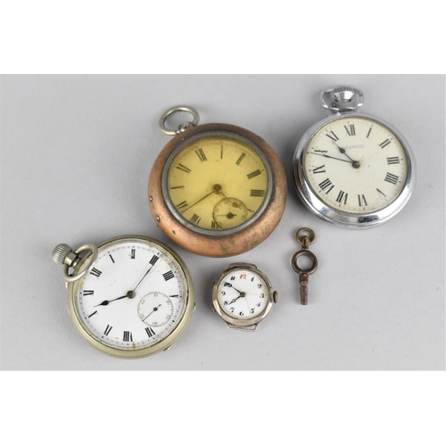 523 - Two White Faced Enamel Pocket Watches Together with a Ingersoll Example and a Silver Cased Wrist Wat... 