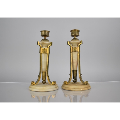 59 - A Pair of French Gilt Metal and Alabaster Lamps of Conical Form with Scrolled Footed Tripod Supports... 