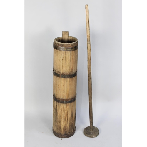 73 - A Vintage Cylindrical Coopered Butter Churn with Original Plunger, 91cms High