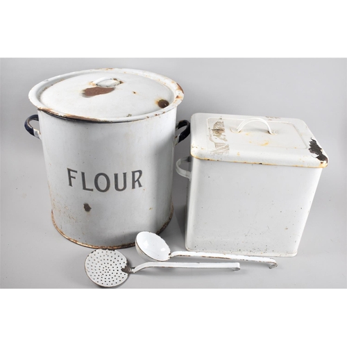 76 - A Large Cylindrical Lidded Enamel Flour Bin with Two Carrying Handles, 38cms Diameter, together with... 