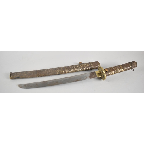 91 - A Vintage Japanese Tanto with Brass Hilt and Scabbard decorated in Floral Motif, Steel Blade, 47cms ... 