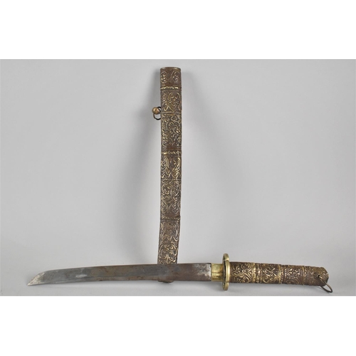 91 - A Vintage Japanese Tanto with Brass Hilt and Scabbard decorated in Floral Motif, Steel Blade, 47cms ... 