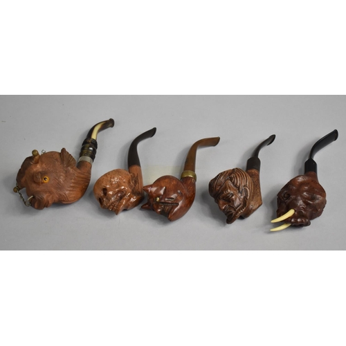 148 - A Collection of Six Various Carved Wooden Pipes to include Bulls Head, Elephant, Skull Etc