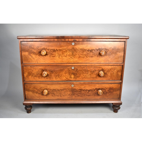 404 - A 19th Century Flame Mahogany Chest of Three Drawers on Bun Feet, Having Soft Wood Knobs with Mother... 