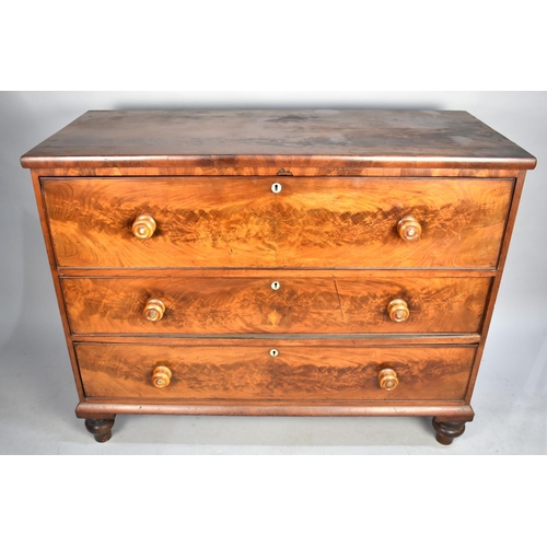 404 - A 19th Century Flame Mahogany Chest of Three Drawers on Bun Feet, Having Soft Wood Knobs with Mother... 