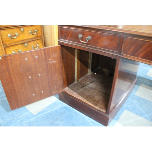 410 - A Reproduction Mahogany Kneehole Desk with Red Leather Effect Top, Pull Down Keyboard Centre and Two... 