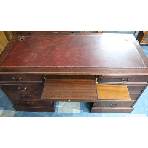 410 - A Reproduction Mahogany Kneehole Desk with Red Leather Effect Top, Pull Down Keyboard Centre and Two... 