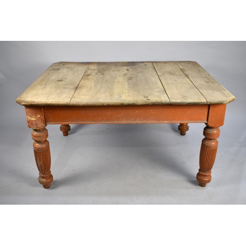 420 - A 19th Century Pine Four Plank Scrub Top Scullery Table with Canted Edges on Turned Painted Reeded B... 