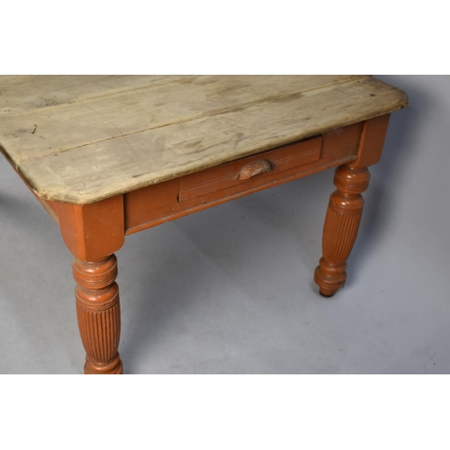 420 - A 19th Century Pine Four Plank Scrub Top Scullery Table with Canted Edges on Turned Painted Reeded B... 