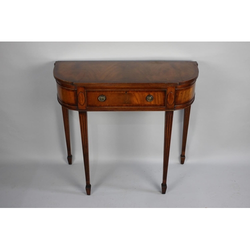 106 - A Reproduction Bow Fronted Side Table with Single Drawer, Square Tapering Legs, Crossbanded Decorati... 