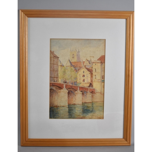 117 - A Framed Watercolour Depicting River Bridge in Town Signed T Sugars, 18x27cms