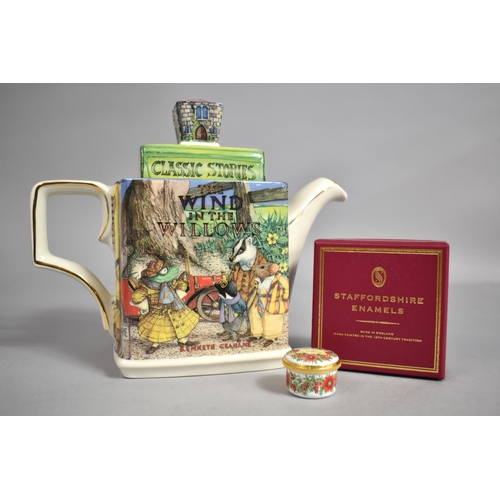 141 - A Novelty Wind in The Willows Teapot by James Sadler together with a Small Enamel Circular Box by St... 